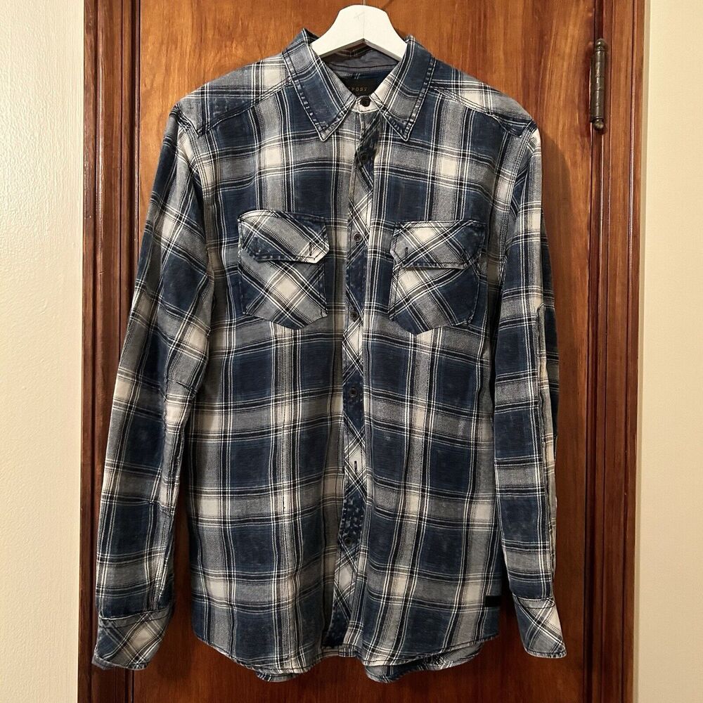 Outpost Makers Shirt Top Blue Gray Plaid Flannel Button Up Long Sleeve Large Men